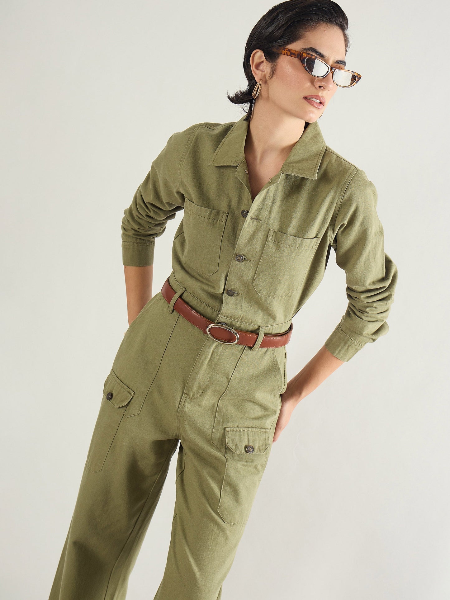 Olive Twill Button Down Full Sleeve Jumpsuit