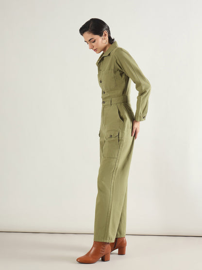 Olive Twill Button Down Full Sleeve Jumpsuit
