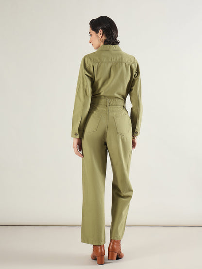 Olive Twill Button Down Full Sleeve Jumpsuit