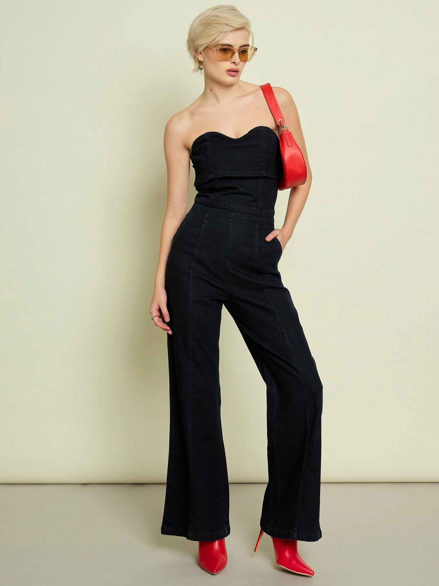 Jet Black Denim Off Shoulder Jumpsuit