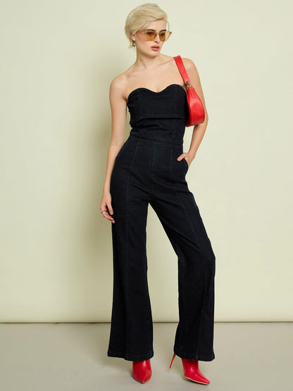 Jet Black Denim Off Shoulder Jumpsuit