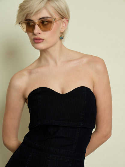 Jet Black Denim Off Shoulder Jumpsuit