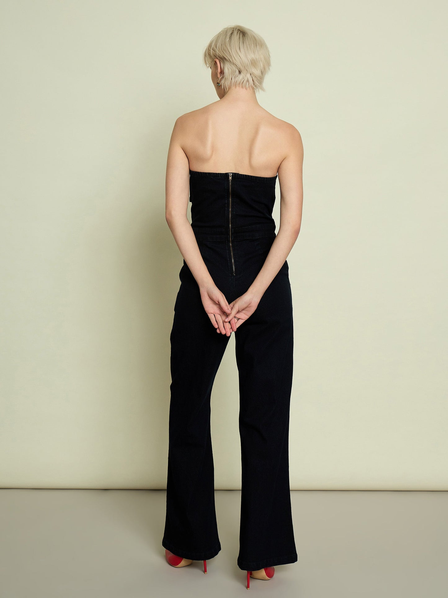 Jet Black Denim Off Shoulder Jumpsuit