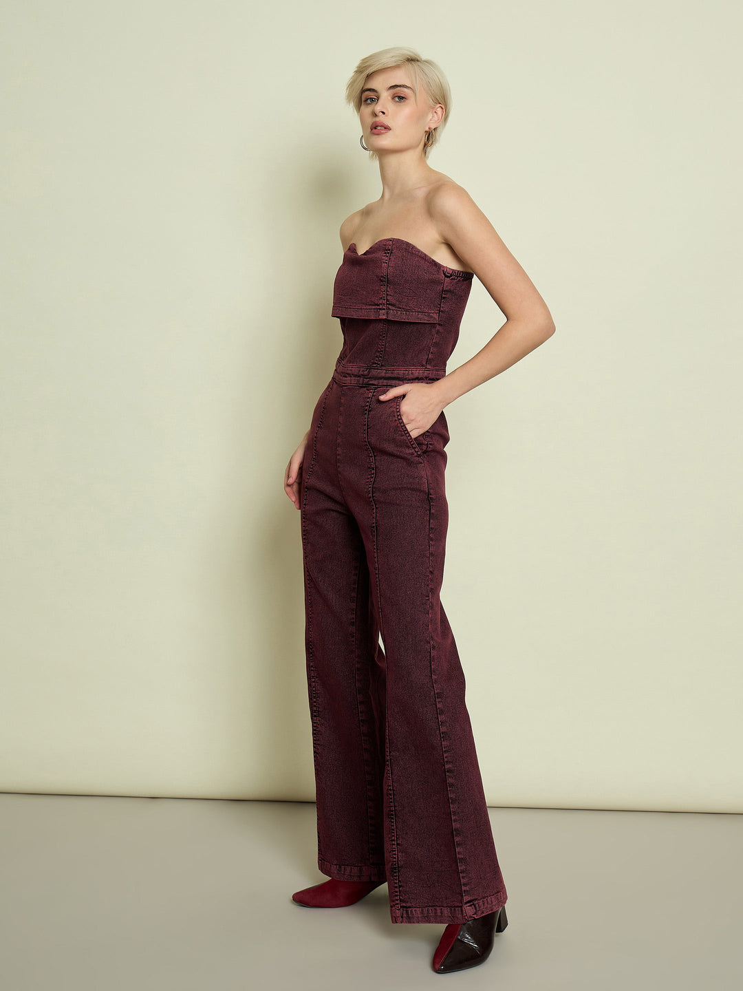 Women Burgundy Denim Off Shoulder Jumpsuit