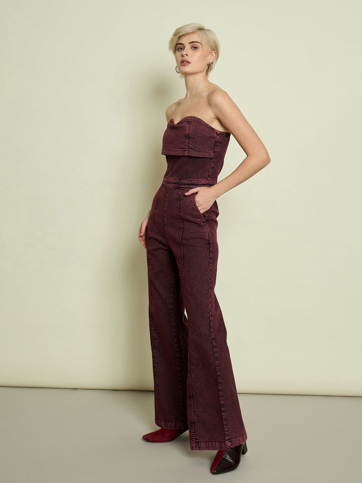 Women Burgundy Denim Off Shoulder Jumpsuit