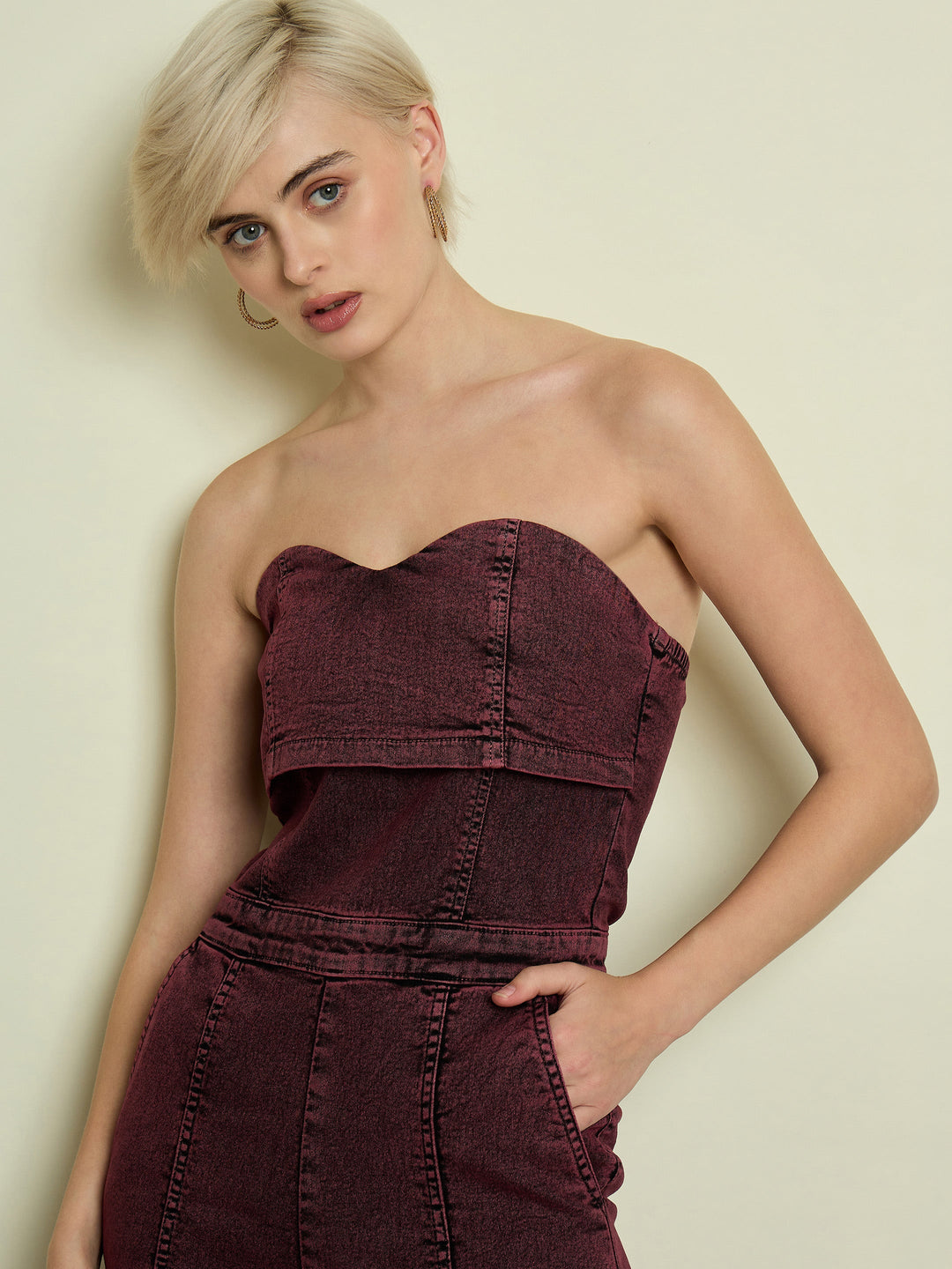Women Burgundy Denim Off Shoulder Jumpsuit