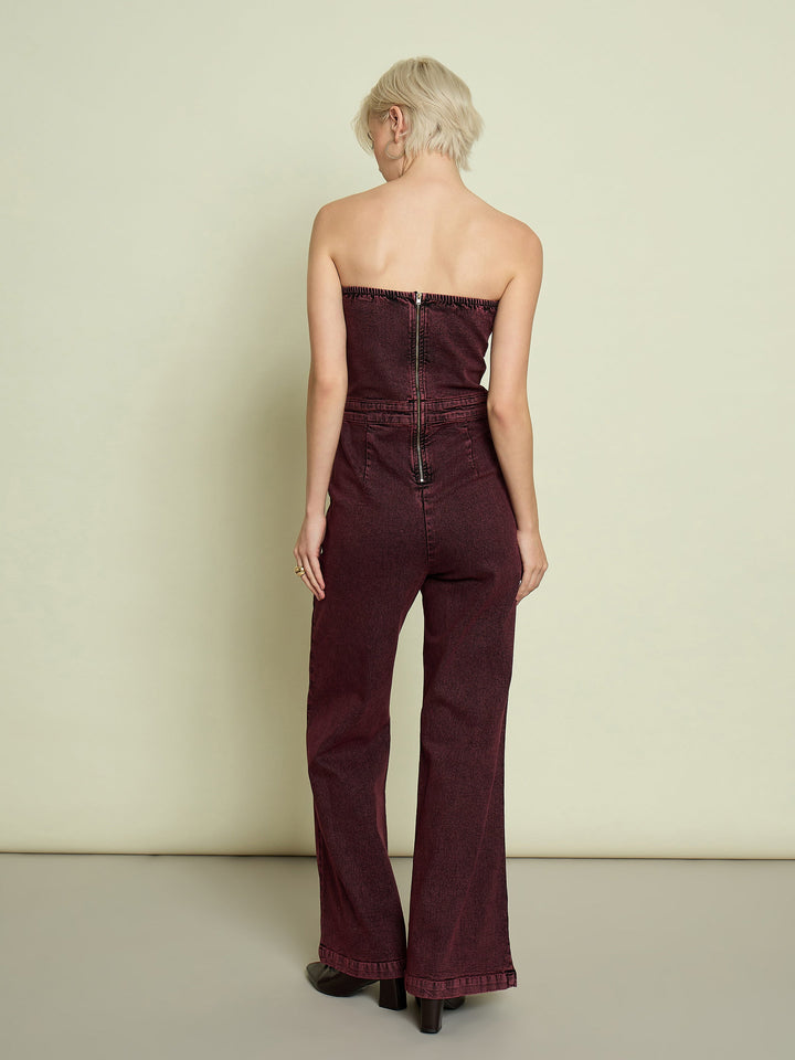 Women Burgundy Denim Off Shoulder Jumpsuit
