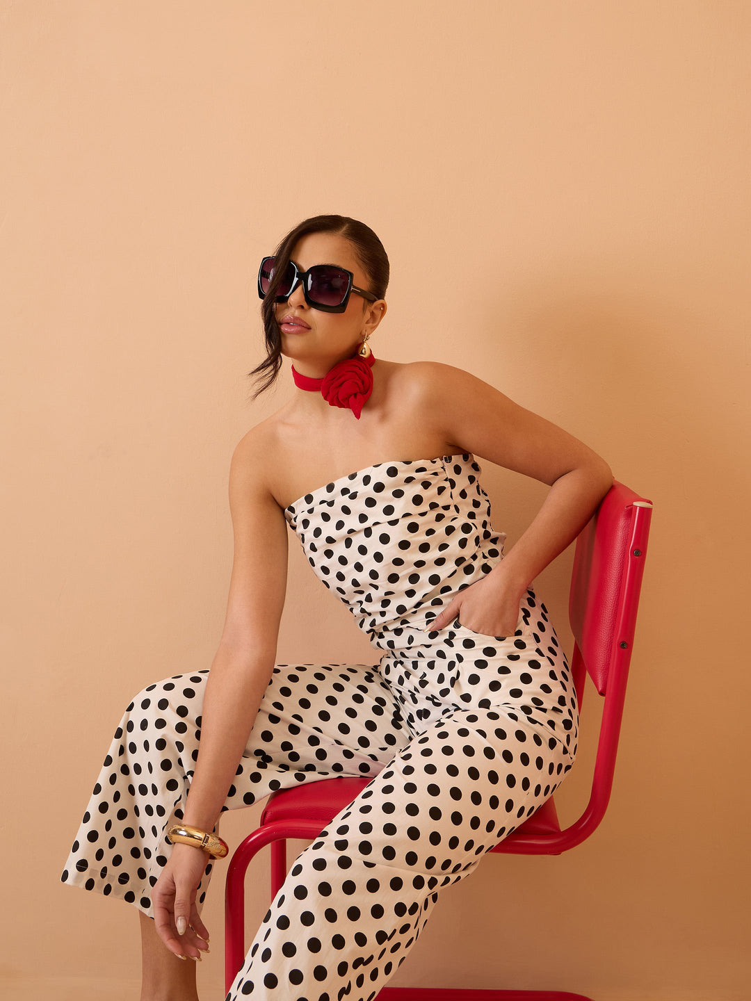 Women White &amp; Black Small Polka Dot Off Shoulder Jumpsuit