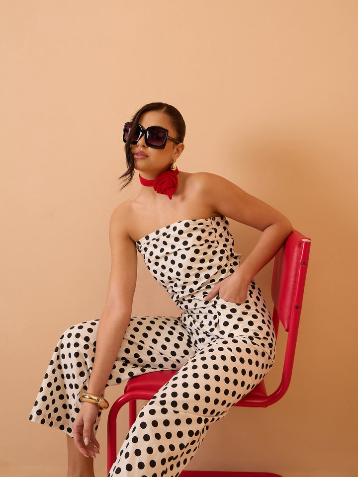 Women White &amp; Black Small Polka Dot Off Shoulder Jumpsuit
