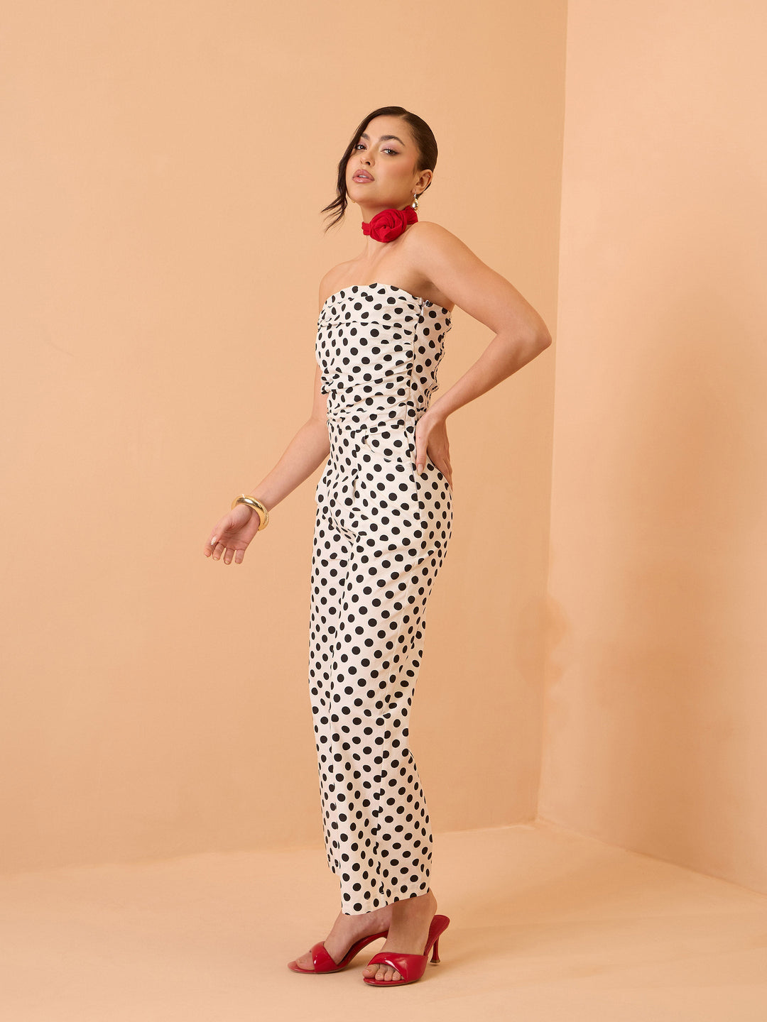 Women White &amp; Black Small Polka Dot Off Shoulder Jumpsuit