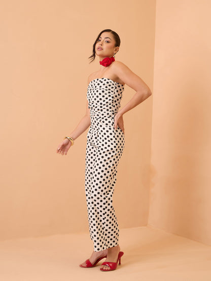 Women White & Black Small Polka Dot Off Shoulder Jumpsuit