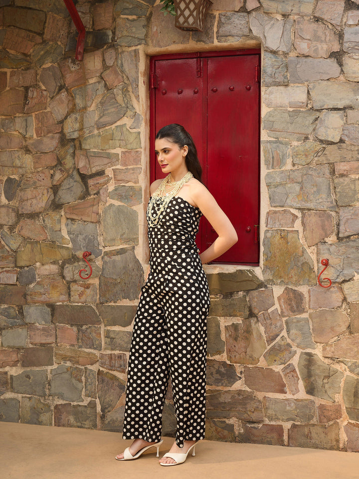 Women Black &amp; White Small Polka Dot Off Shoulder Jumpsuit