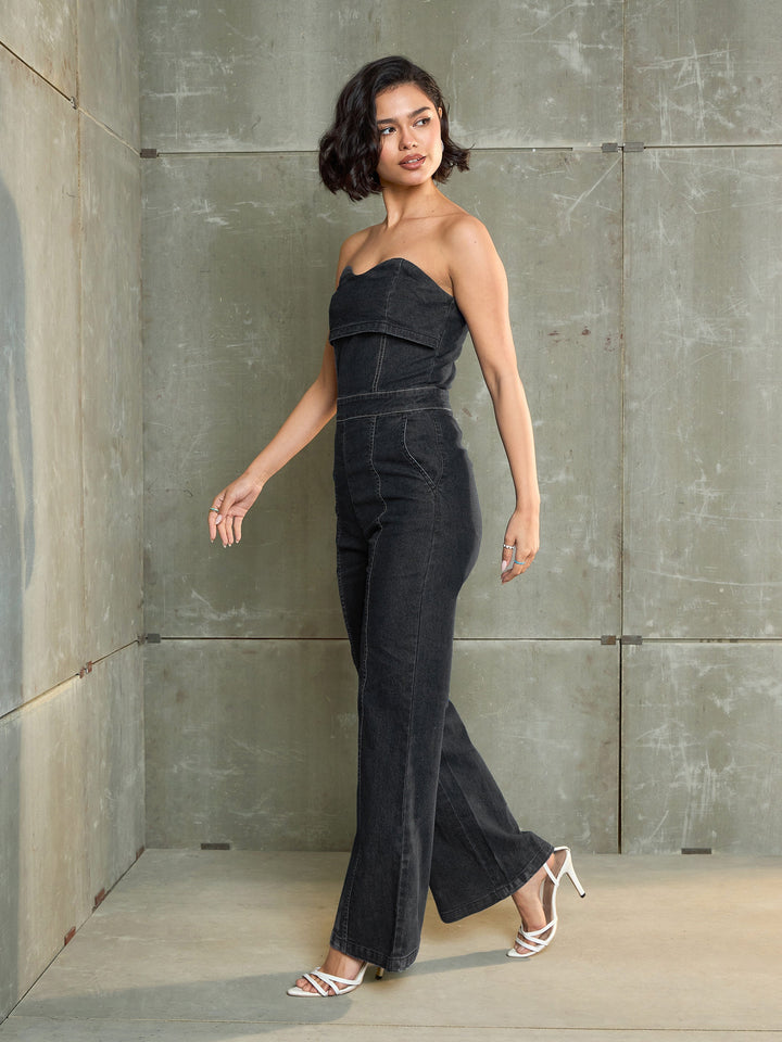 Women Black Denim Wash Off Shoulder Jumpsuit