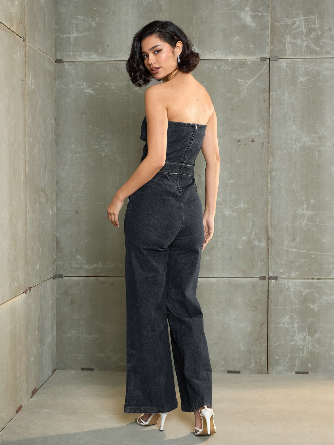 Women Black Denim Wash Off Shoulder Jumpsuit