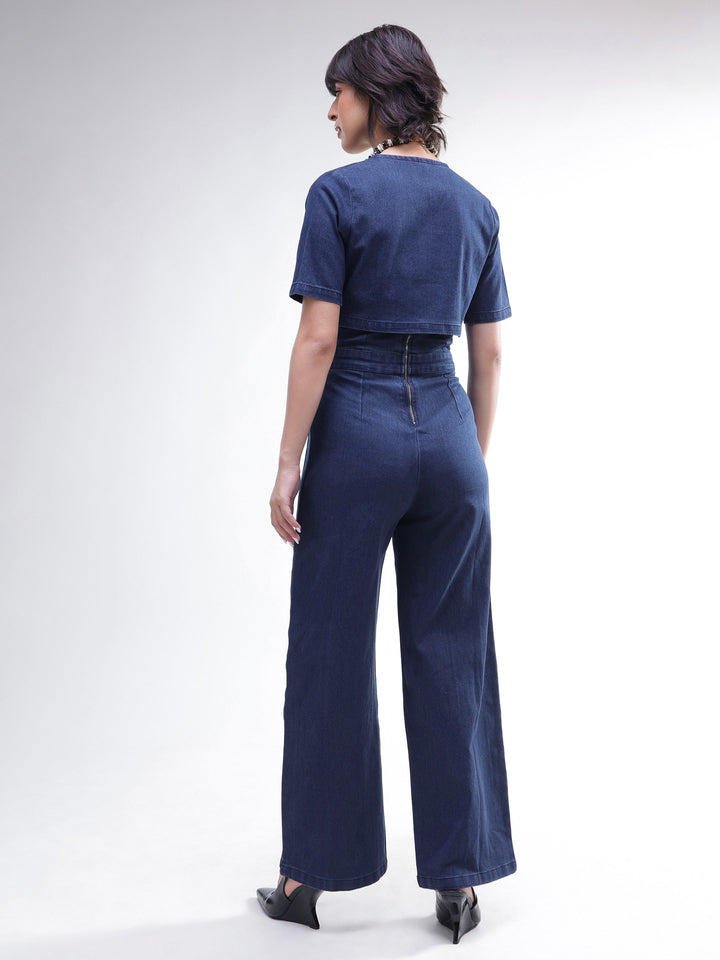 Women Navy Denim Jumpsuit With Crop Jacket