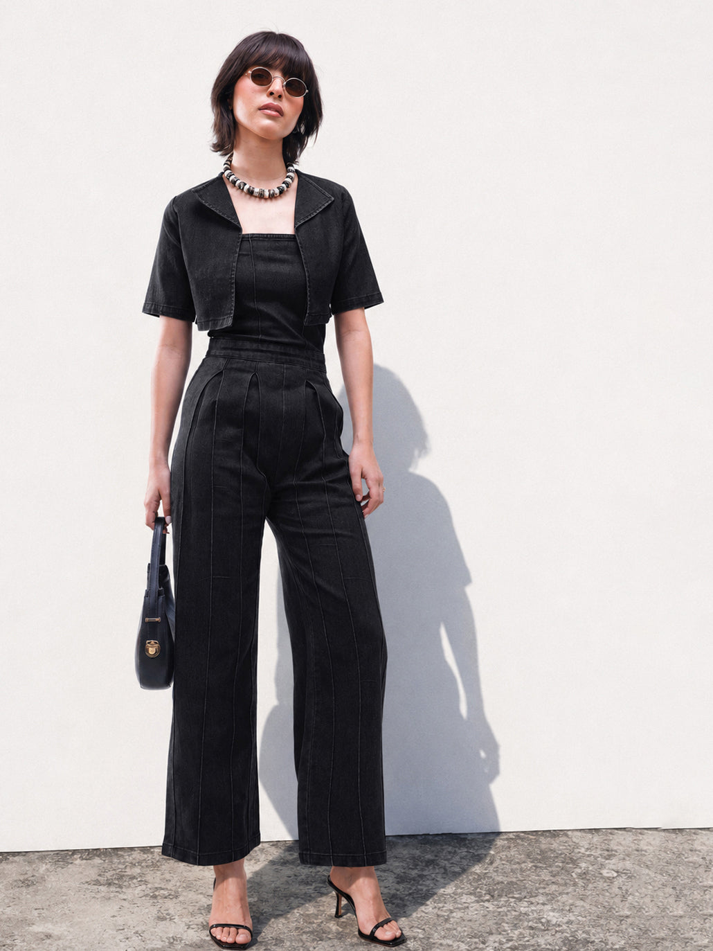 Women Black Denim Jumpsuit With Crop Jacket