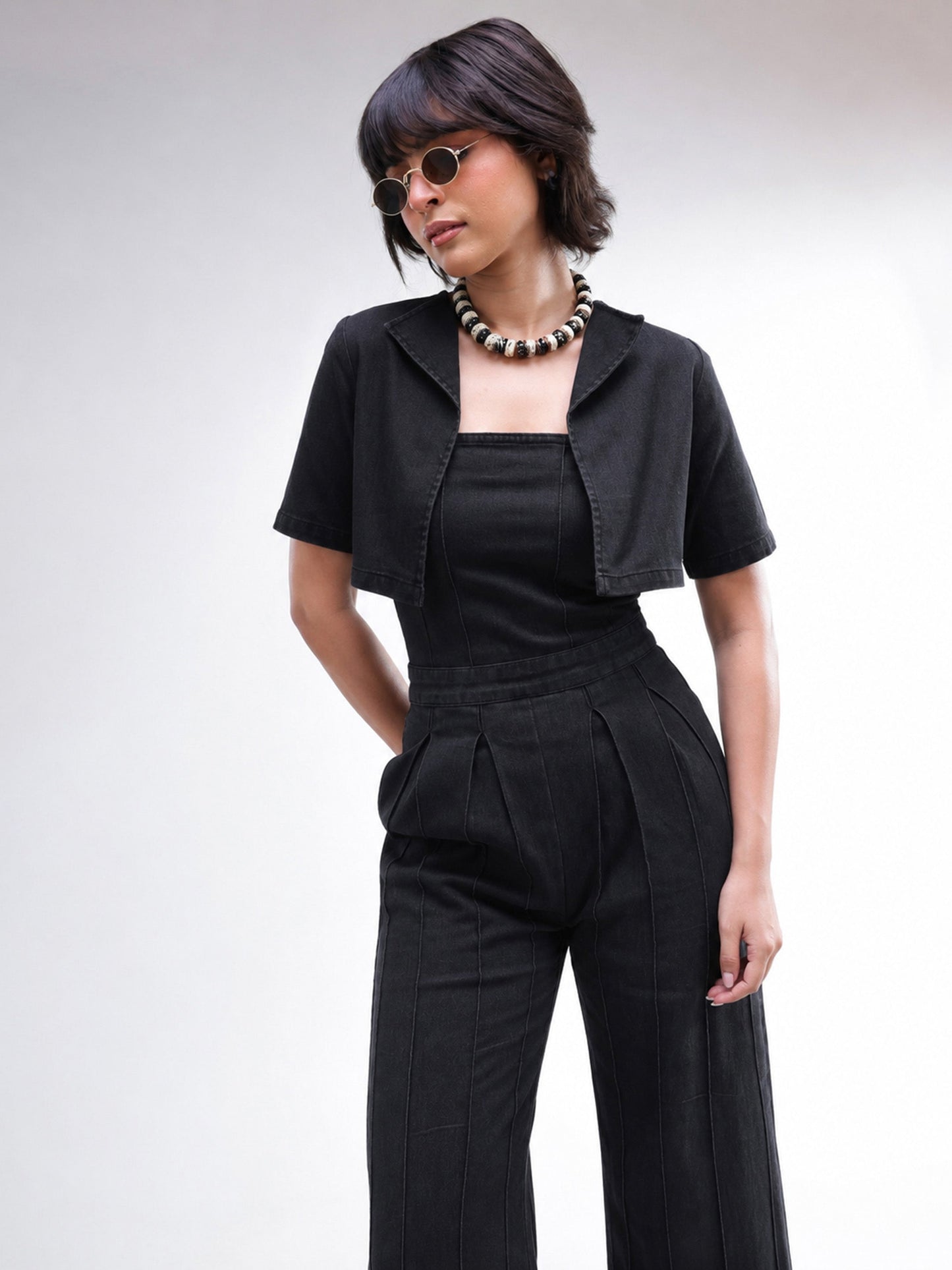 Women Black Denim Jumpsuit With Crop Jacket