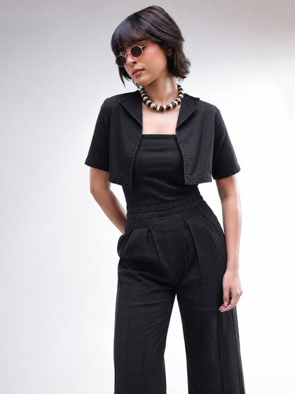 Women Black Denim Jumpsuit With Crop Jacket