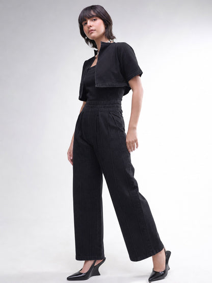 Women Black Denim Jumpsuit With Crop Jacket