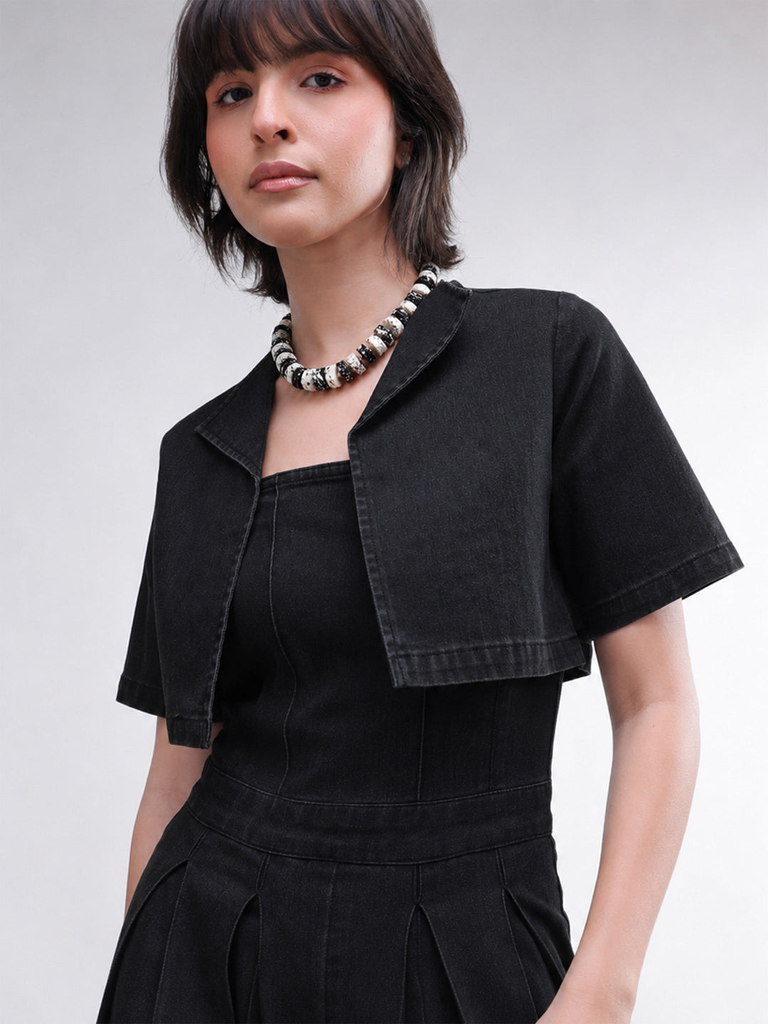 Women Black Denim Jumpsuit With Crop Jacket