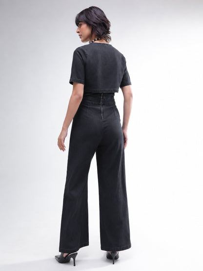 Women Black Denim Jumpsuit With Crop Jacket