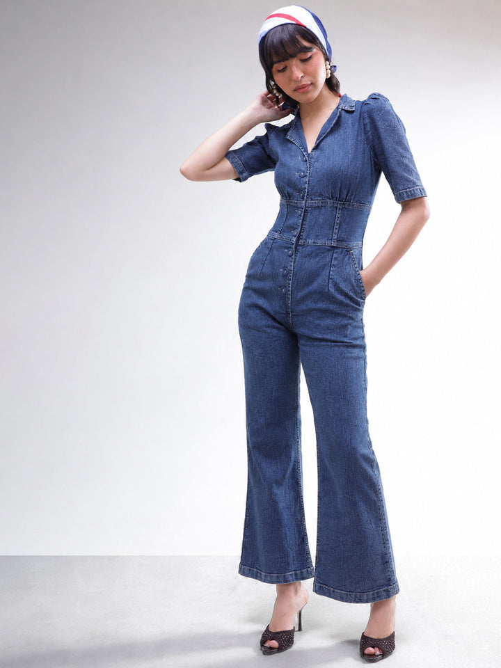 Women Blue Washed Denim Button Down Jumpsuit
