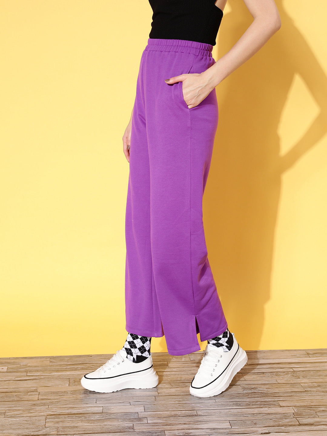 Purple Fleece Side Slit Track Pants