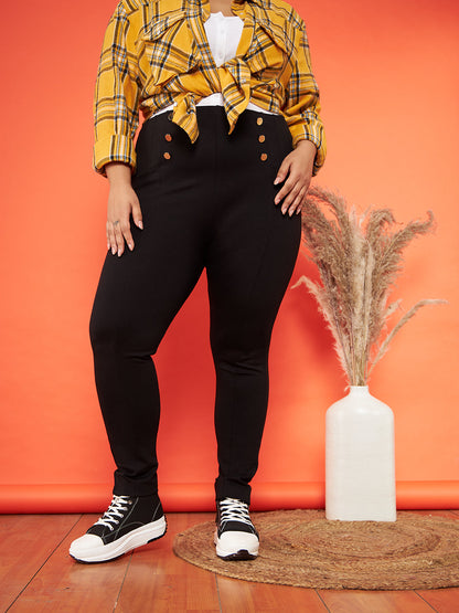 Black Show Button High Waist Jeggings-SASSAFRAS Curve