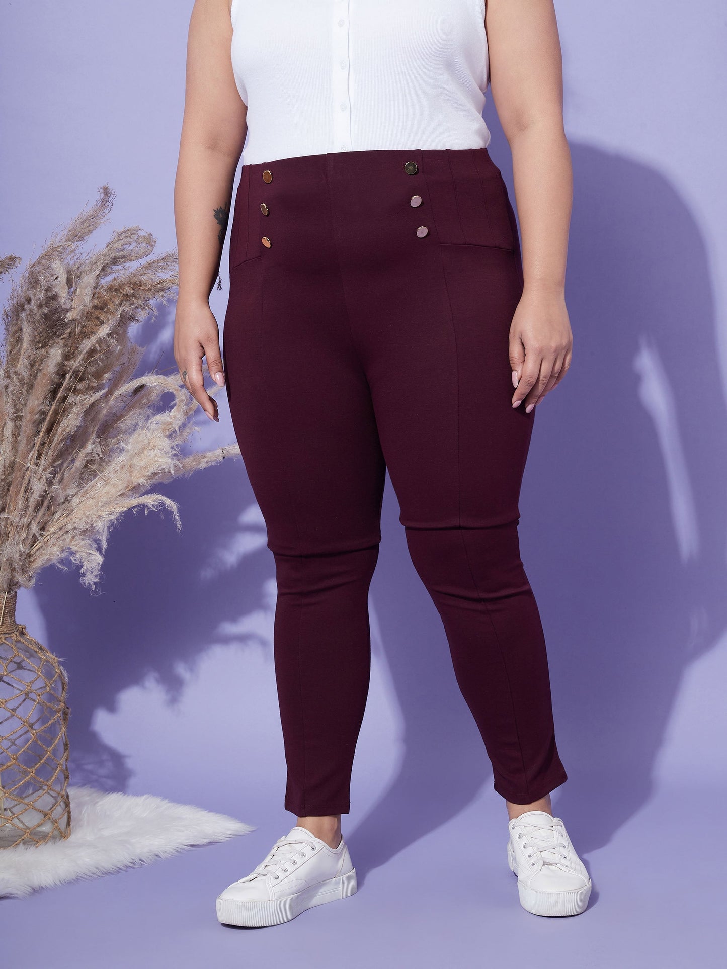 Burgundy Show Button High Waist Jeggings