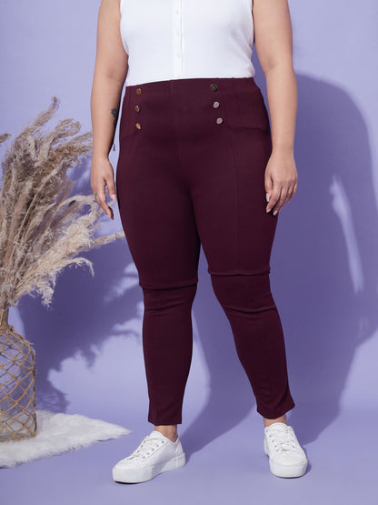 Burgundy Show Button High Waist Jeggings