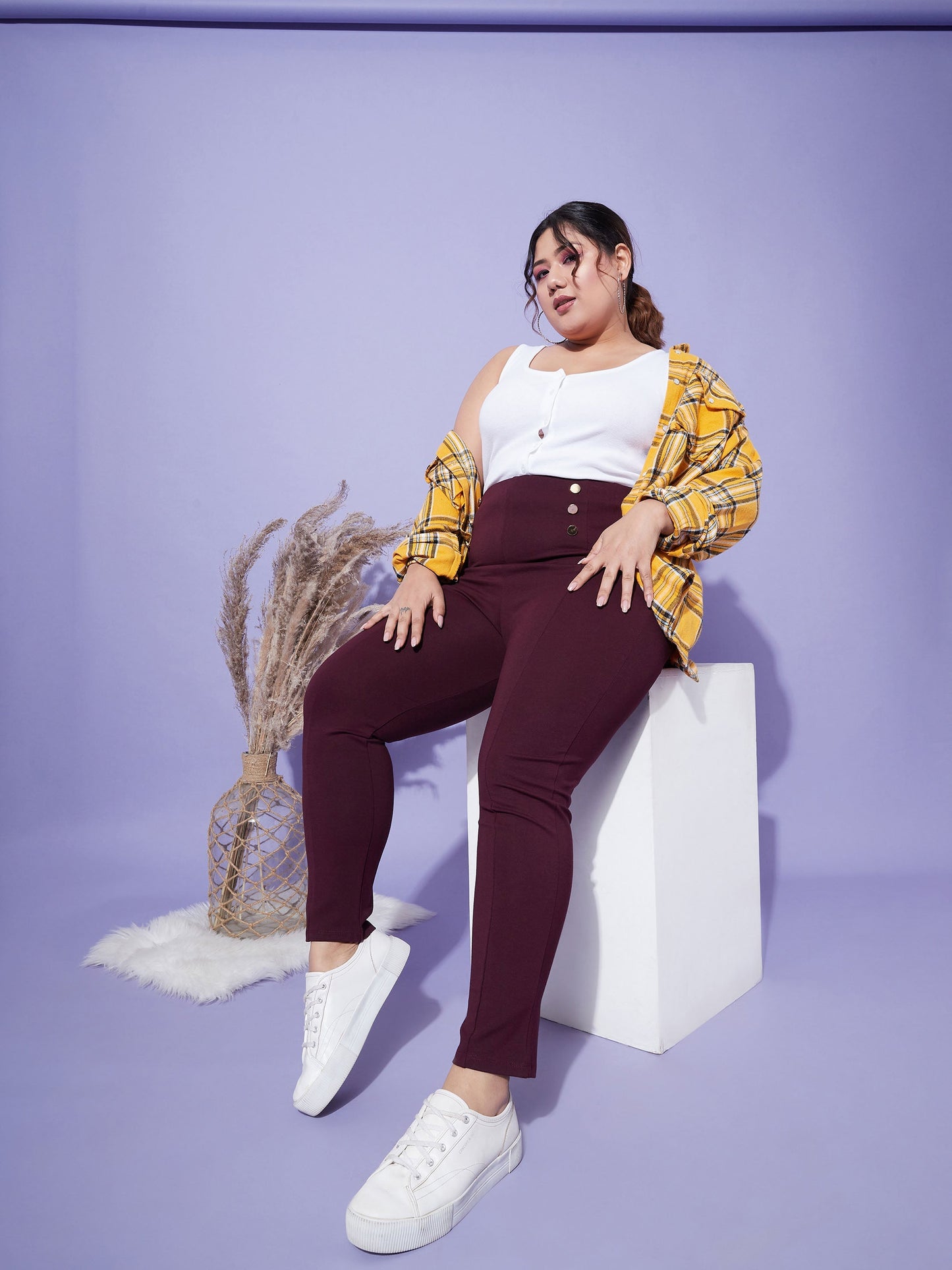 Burgundy Show Button High Waist Jeggings