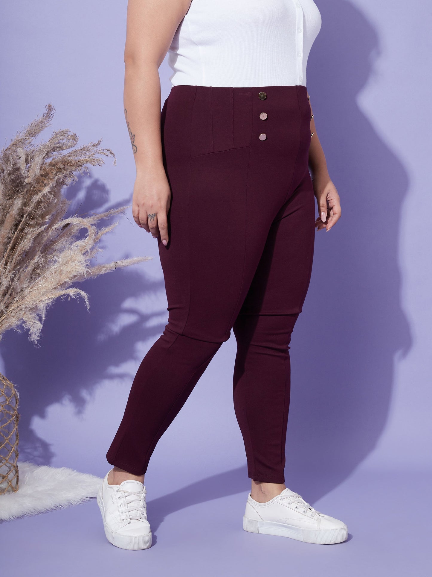 Burgundy Show Button High Waist Jeggings