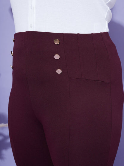 Burgundy Show Button High Waist Jeggings