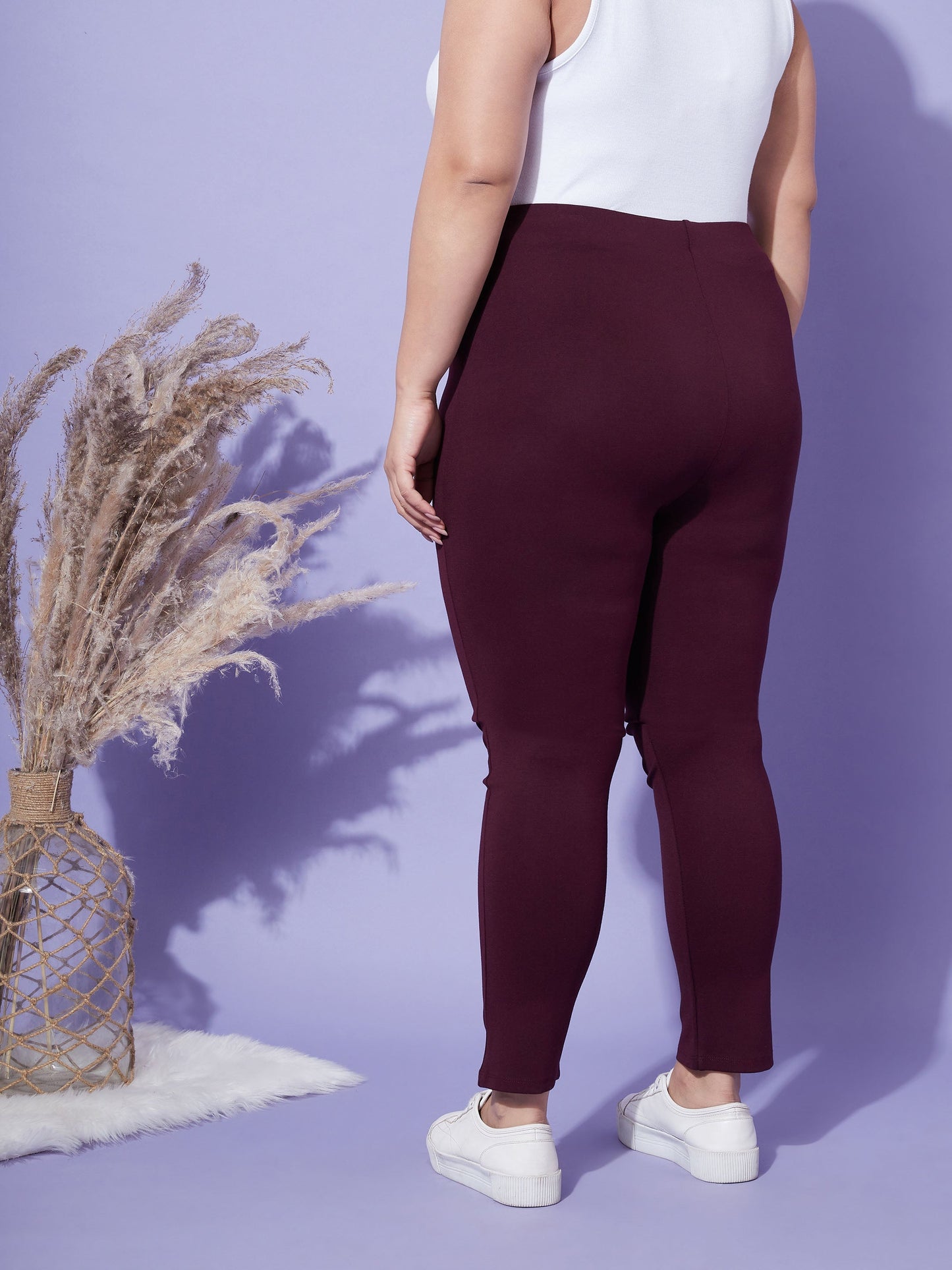 Burgundy Show Button High Waist Jeggings