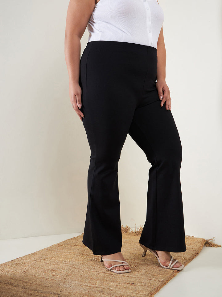 Black Bell Bottom 4-Way Stretch Trousers-SASSAFRAS Curve