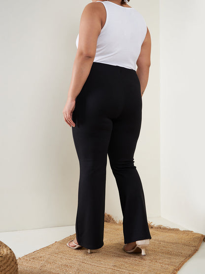 Women Black Bell Bottom 4-Way Stretch Trousers