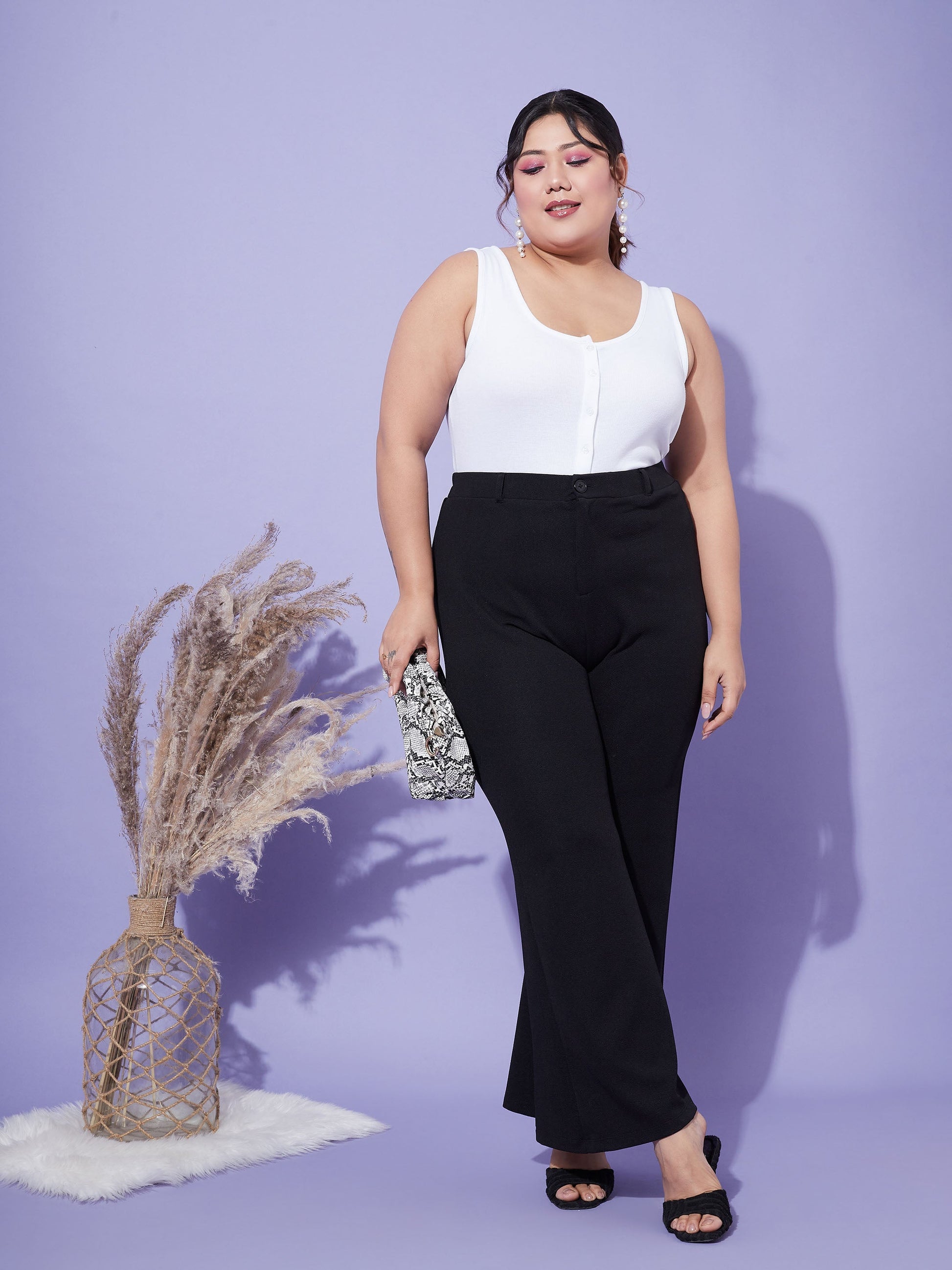 Plus size women's Black Karera Crepe Black Bell Bottom Trousers by Sassafras Curve for wholesale buyers, boutiques, resellers and bulk orders from