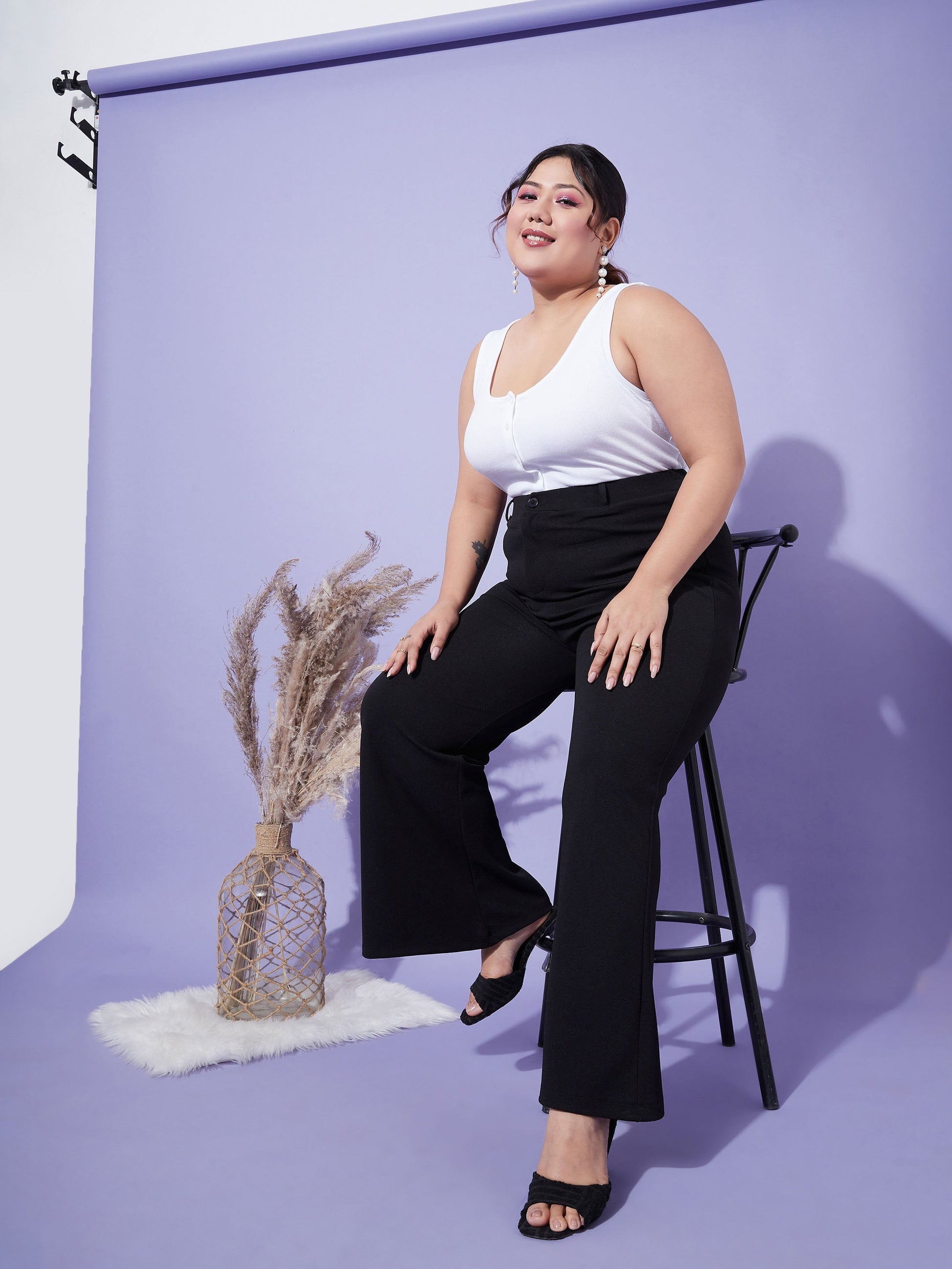 Black Bell Bottom Trousers-SASSAFRAS Curve