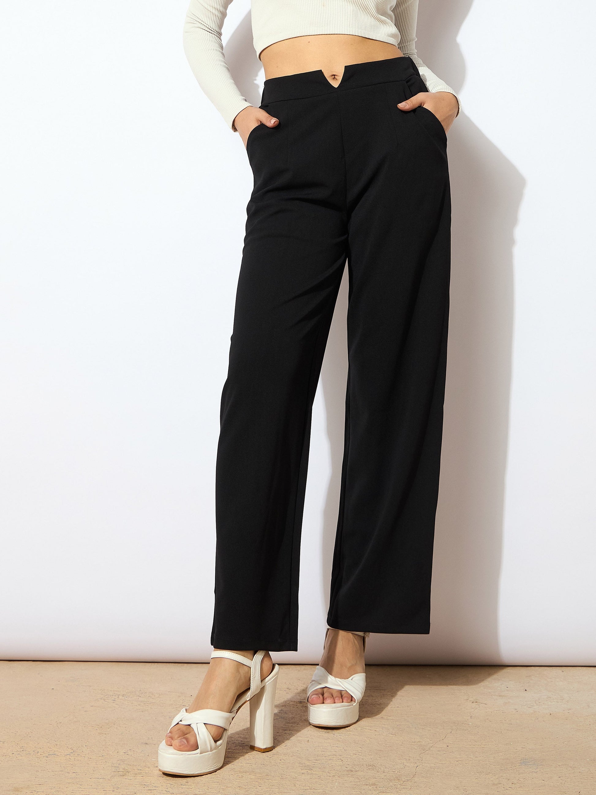 Women's Women Black Wide Leg Trousers in Georgette by Sassafras for wholesale, bulk, supplier, manufacturer and wholesaler buyers from Trendphoria