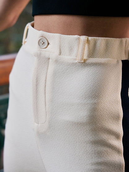 Women Cream Side Tape Bell Bottom Knitted Pants