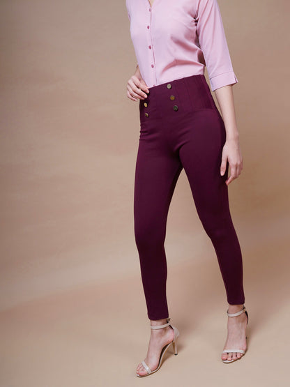Burgundy Show Button Jeggings