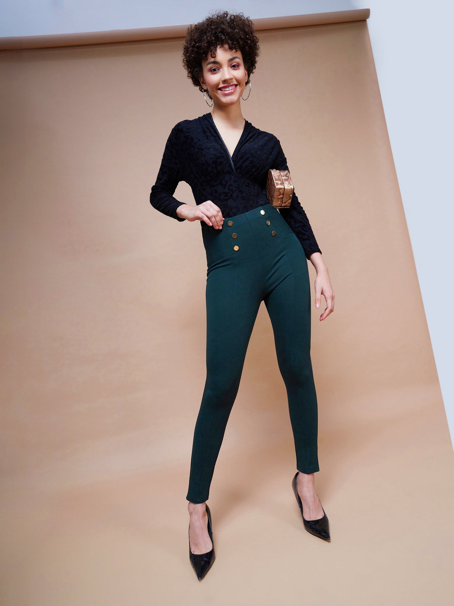 Emerald Green Show Button Jeggings