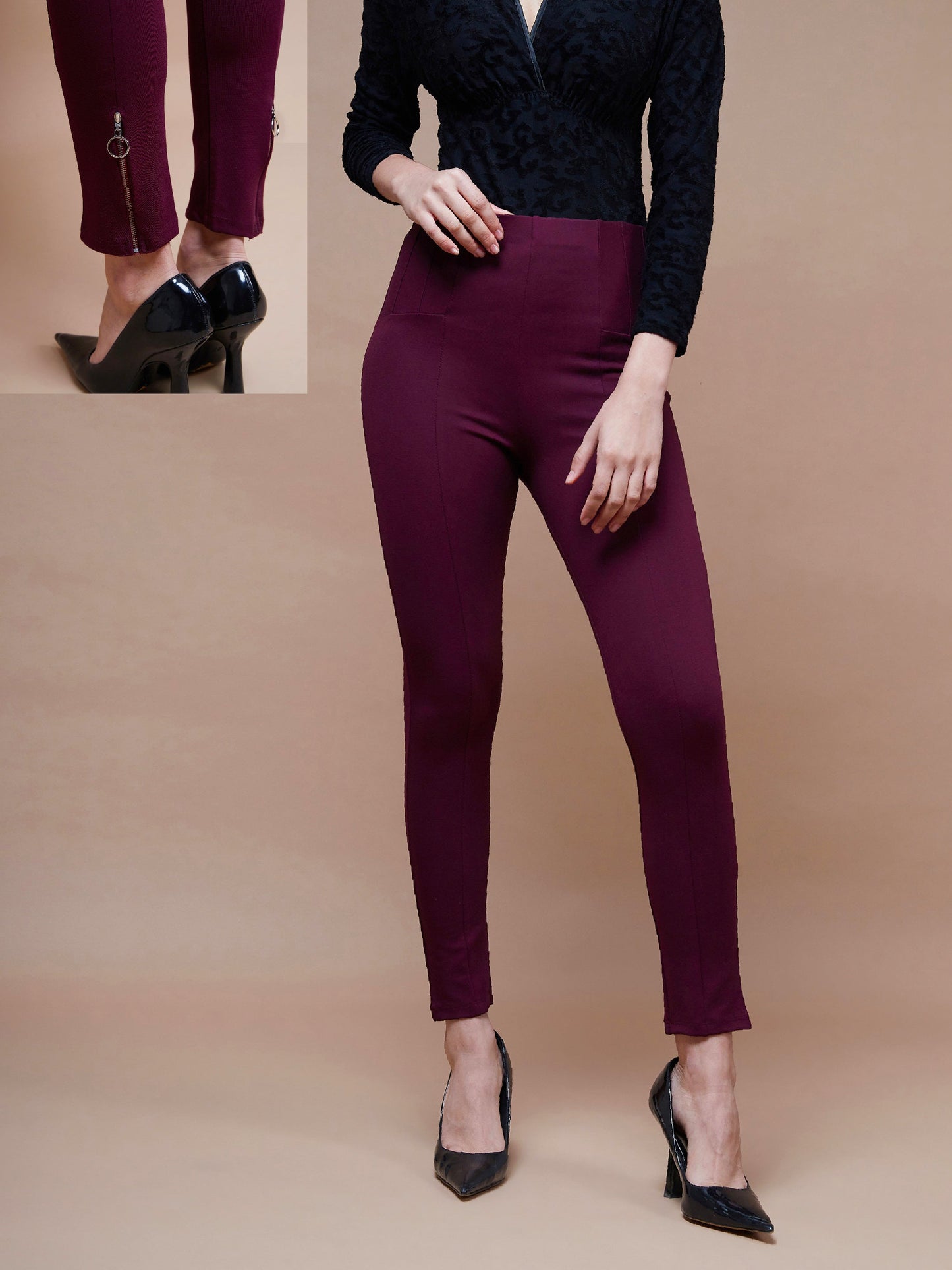 Burgundy Bottom Zipper Jeggings