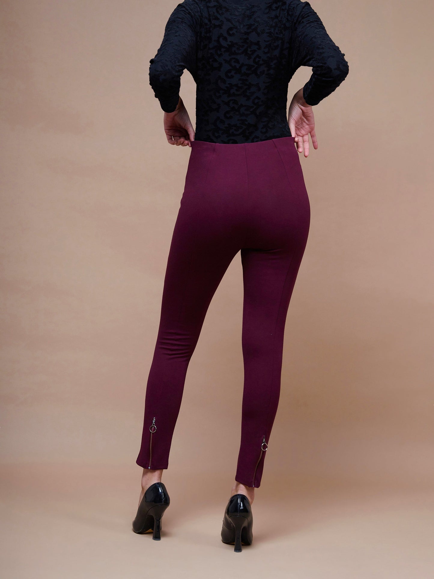 Burgundy Bottom Zipper Jeggings