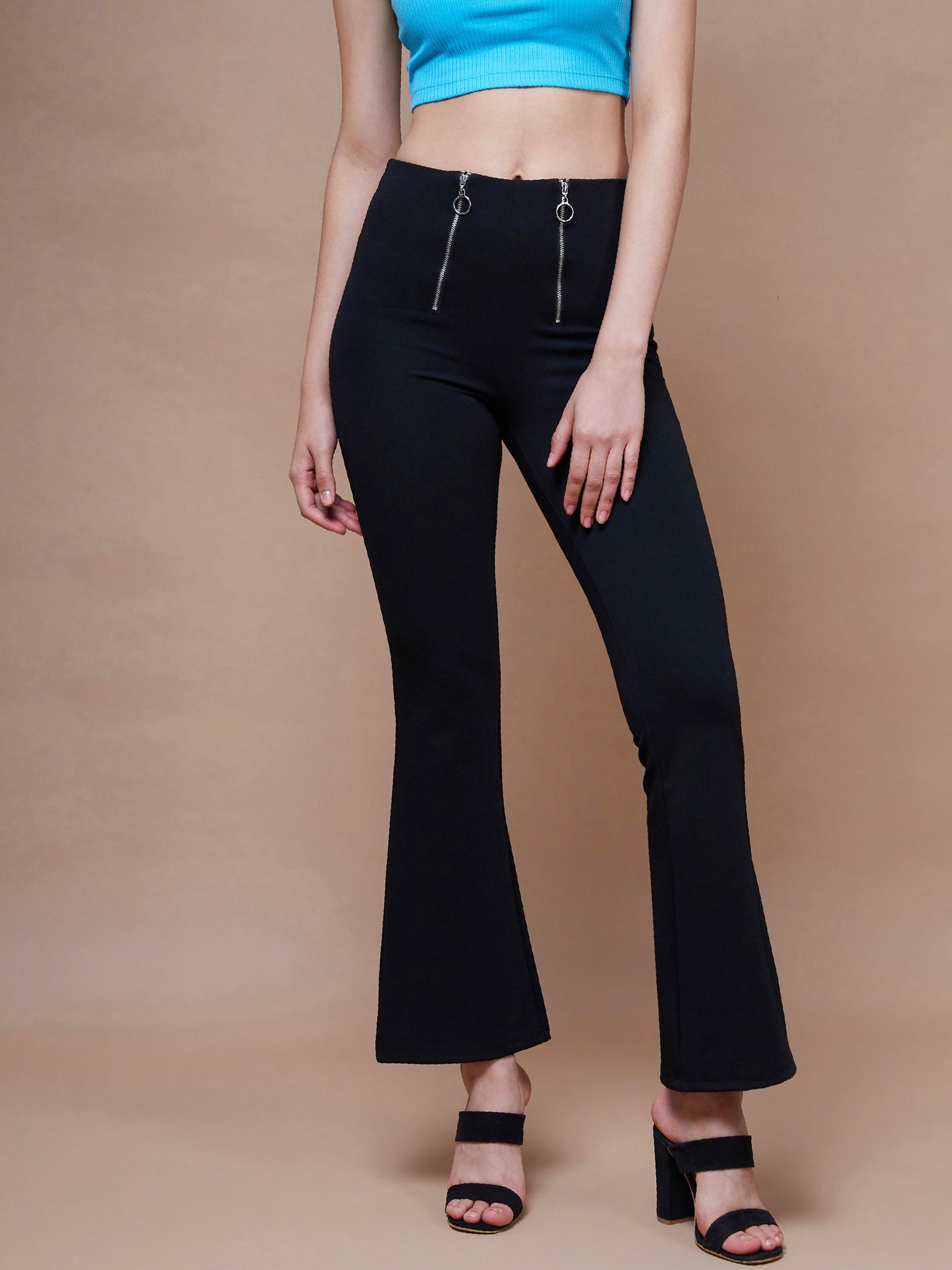 Black Front Zipper Bell Bottom Pants