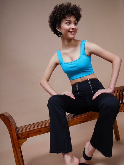 Black Front Zipper Bell Bottom Pants