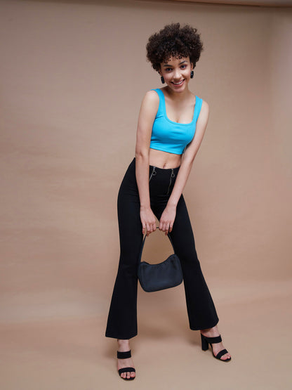 Black Front Zipper Bell Bottom Pants