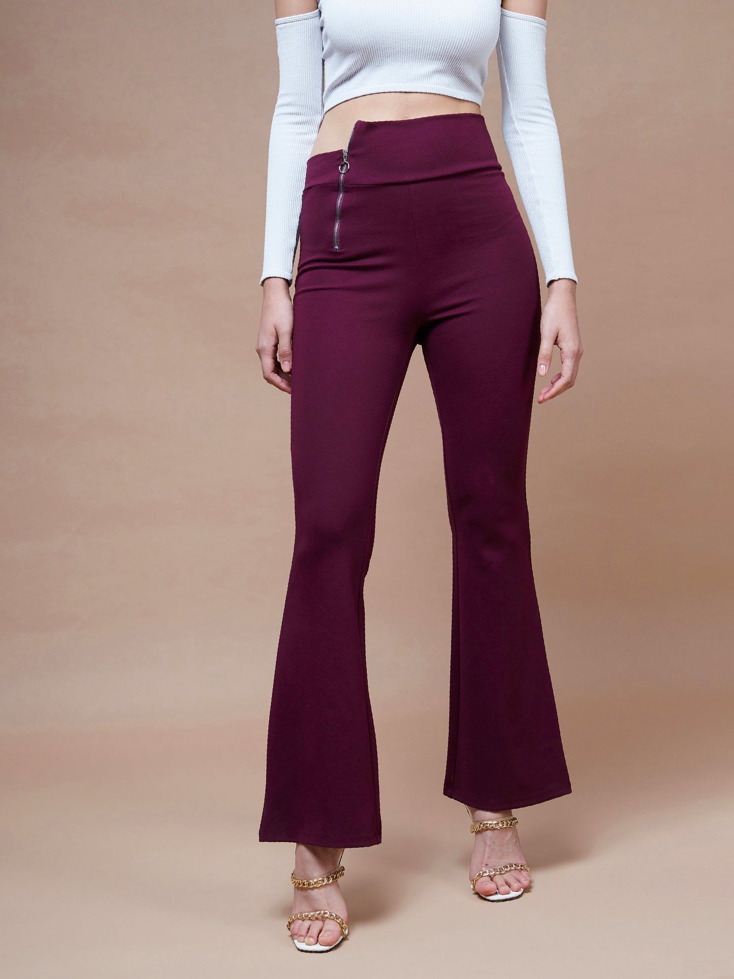 Burgundy Side Zipper Bell Bottom Pants