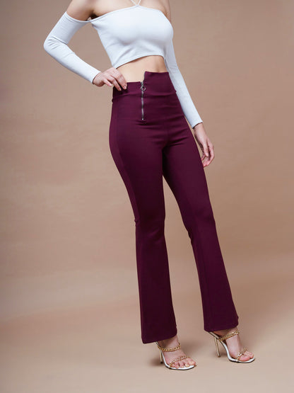 Burgundy Side Zipper Bell Bottom Pants