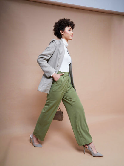 Olive Pleated Straight Stretchable Pants